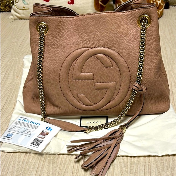 Gucci Pebbled Calfskin Medium Soho Chain Shoulder Bag in Camelia COA /dust bag - Picture 1 of 16